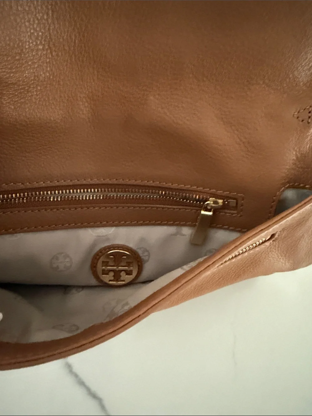Tory Burch Amanda Logo Clutch in Royal Tan with Gold and Tan Logo on the front